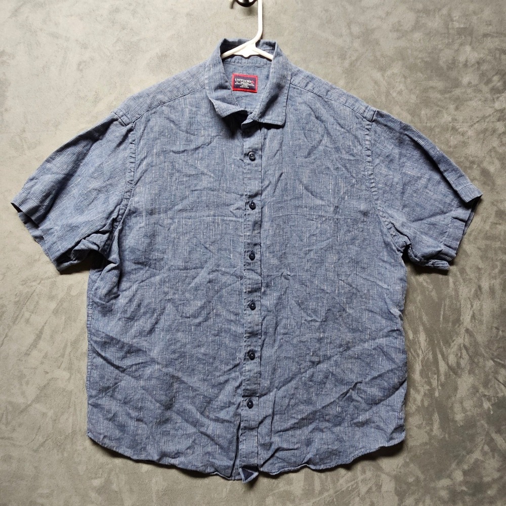 UNTUCKit Canon Blue‎ White Stripe 100% Linen Short Sleeve Shirt Mens Medium Rel
